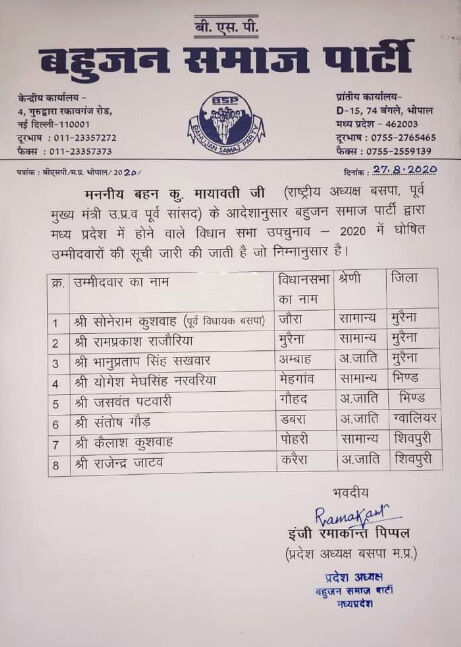 मध्य प्रदेश उपचुनावः बसपा ने आठ उम्मीदवारों की सूची जारी की मध्य प्रदेश उपचुनावः बसपा ने आठ उम्मीदवारों की सूची जारी की